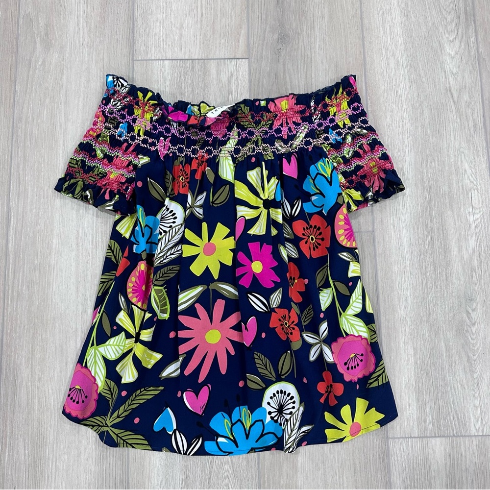 Trina Turk off the shoulder floral smocked silk top XS